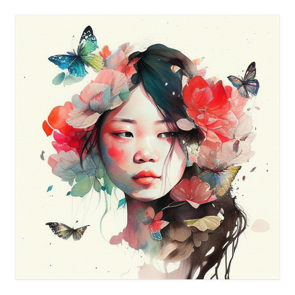 Watercolor Floral Asian Woman #8 (Print Only)