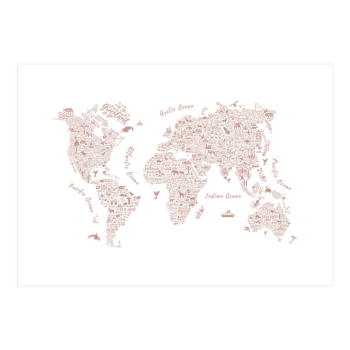 Typography World Map in Pink (Print Only)