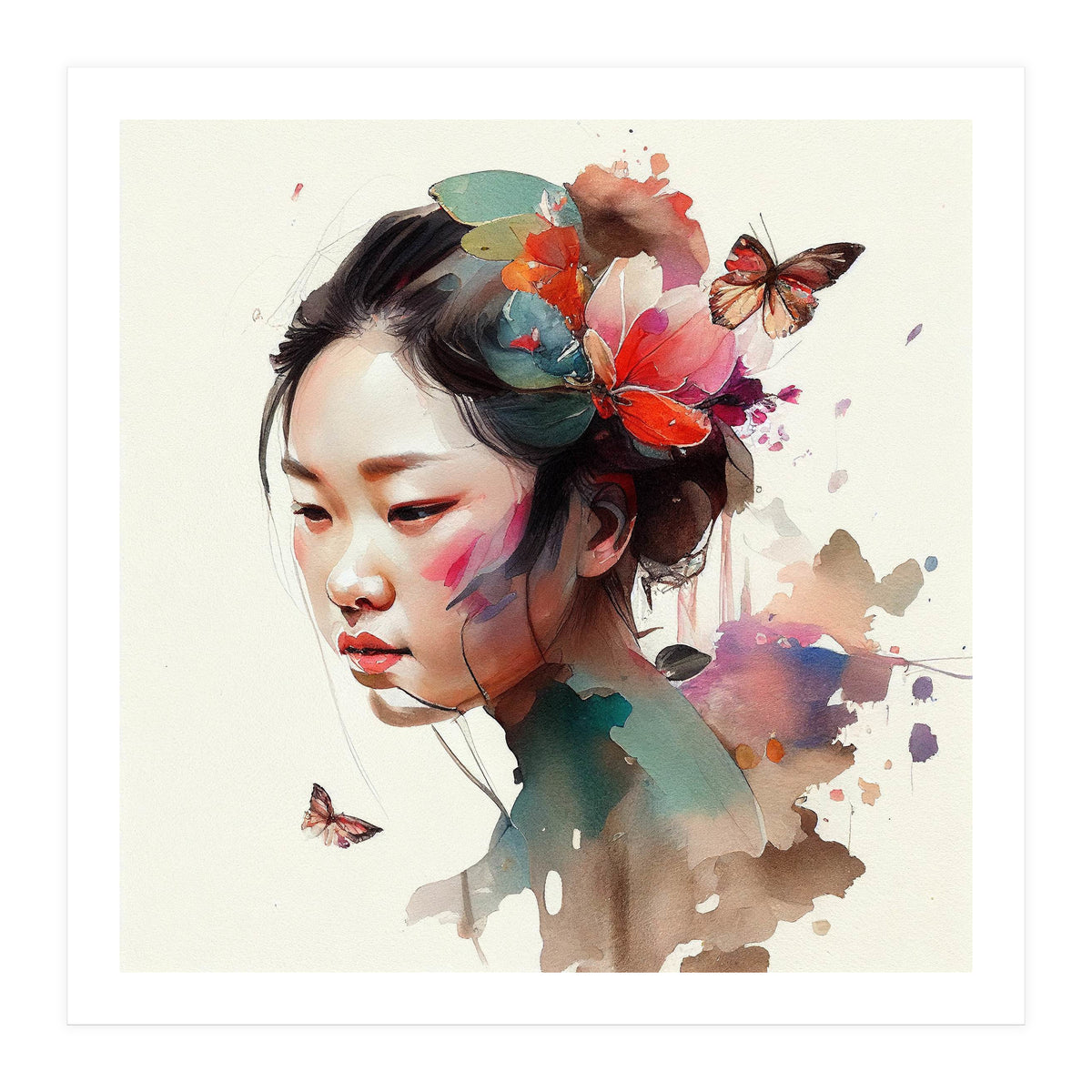 Watercolor Floral Asian Woman #4 (Print Only)