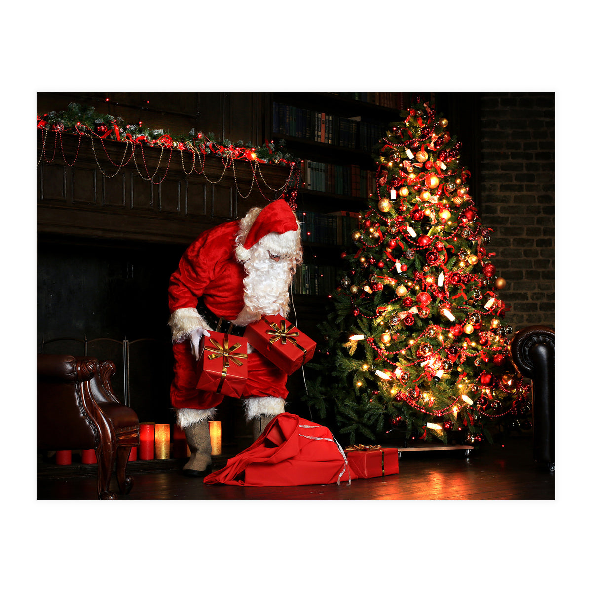 Santa Claus put his Christmas gift under the Xmas tree at midnight (Print Only)