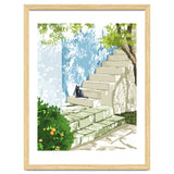 Black cat on the steps Poster, Greece Santorini summer travel pet painting thumbnail