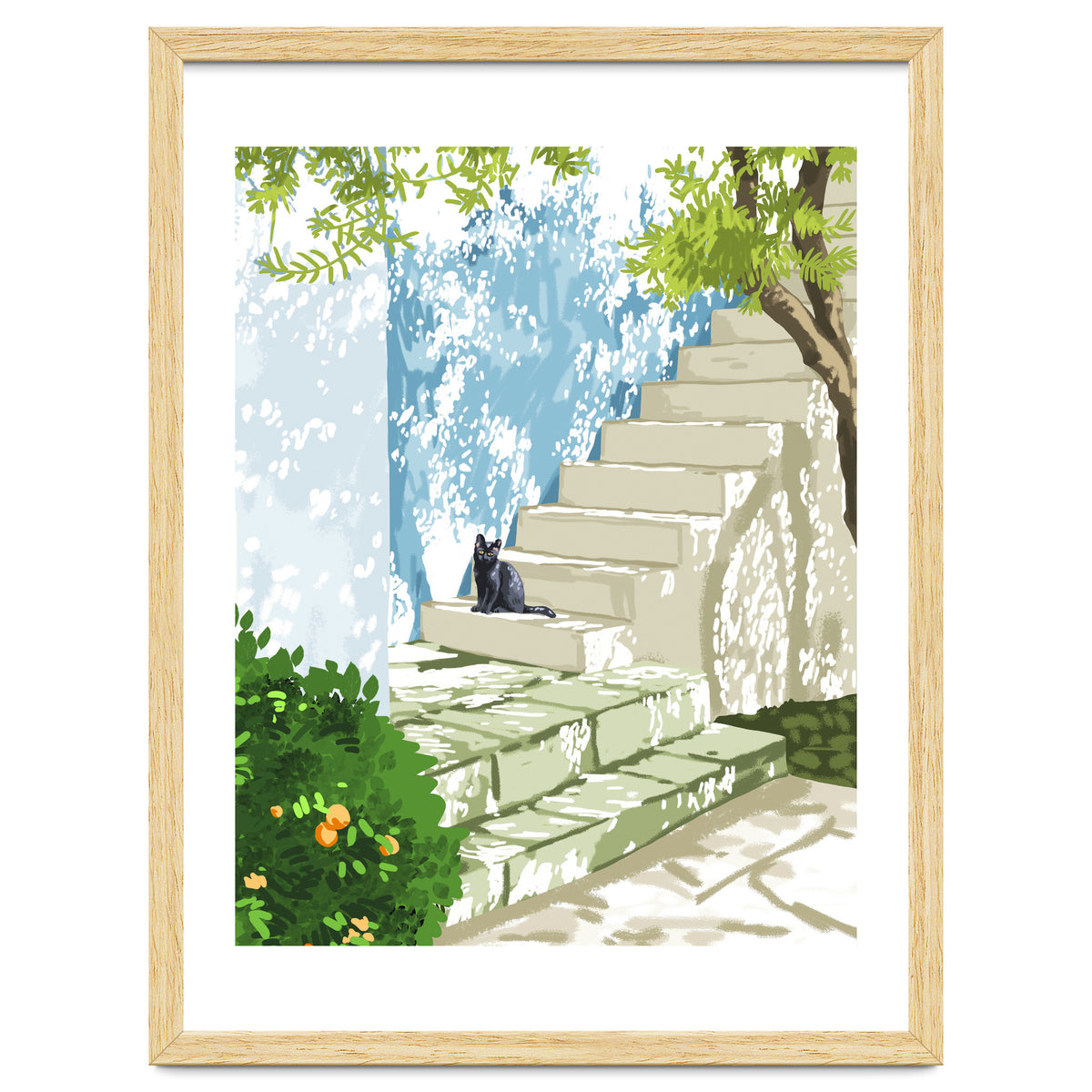 Black cat on the steps Poster, Greece Santorini summer travel pet painting