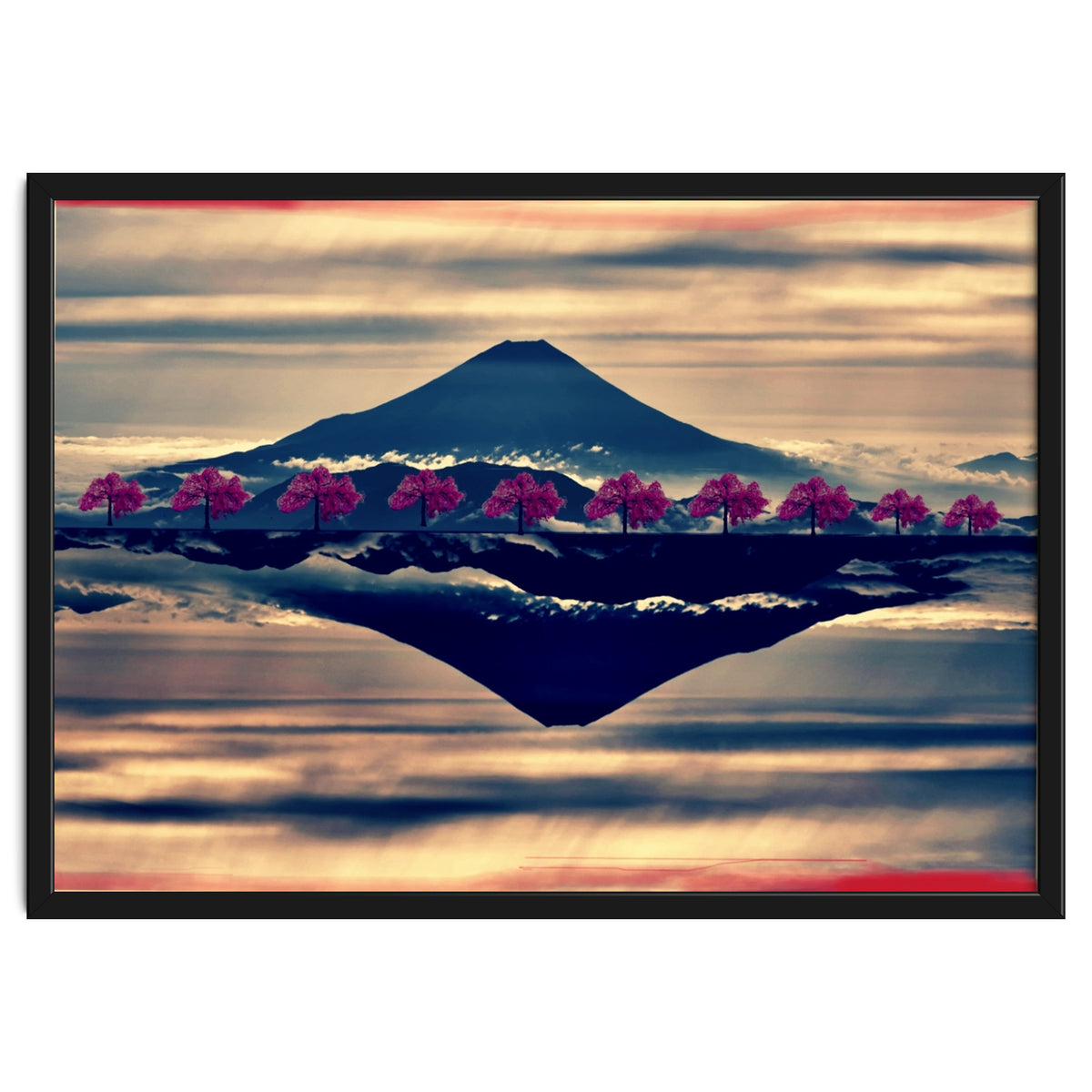 Reflection on Mount Fuji with cherry trees.