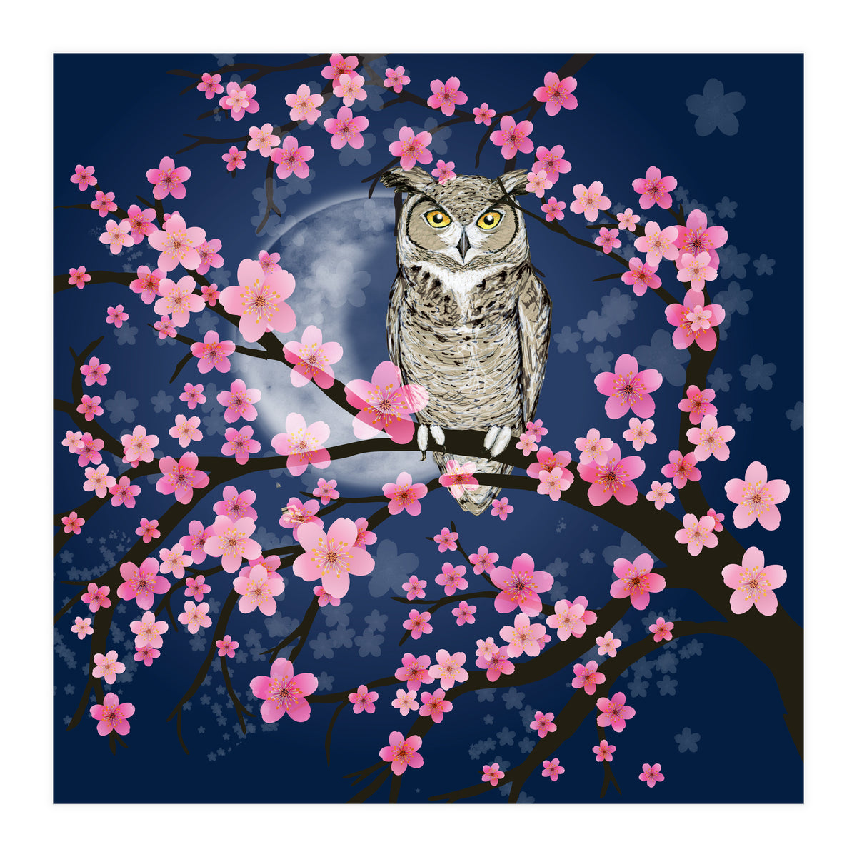 Great horned owl in a blossom tree (Print Only)