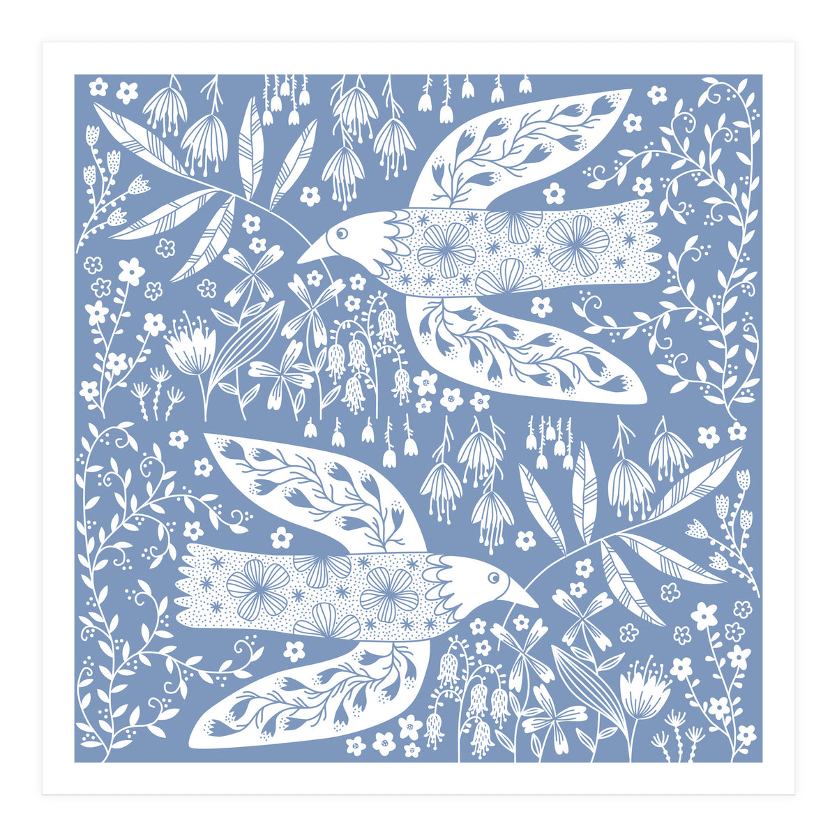 Doves And Flowers White On Blue (Print Only)