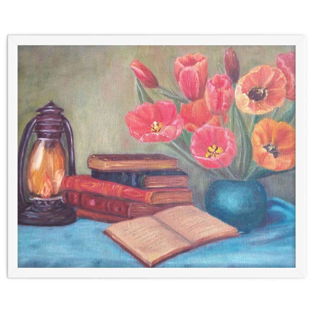 Still life with tulips, books and an old lamp.