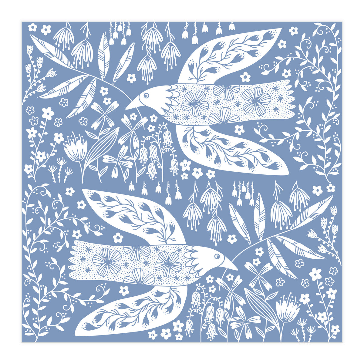 Doves And Flowers White On Blue (Print Only)