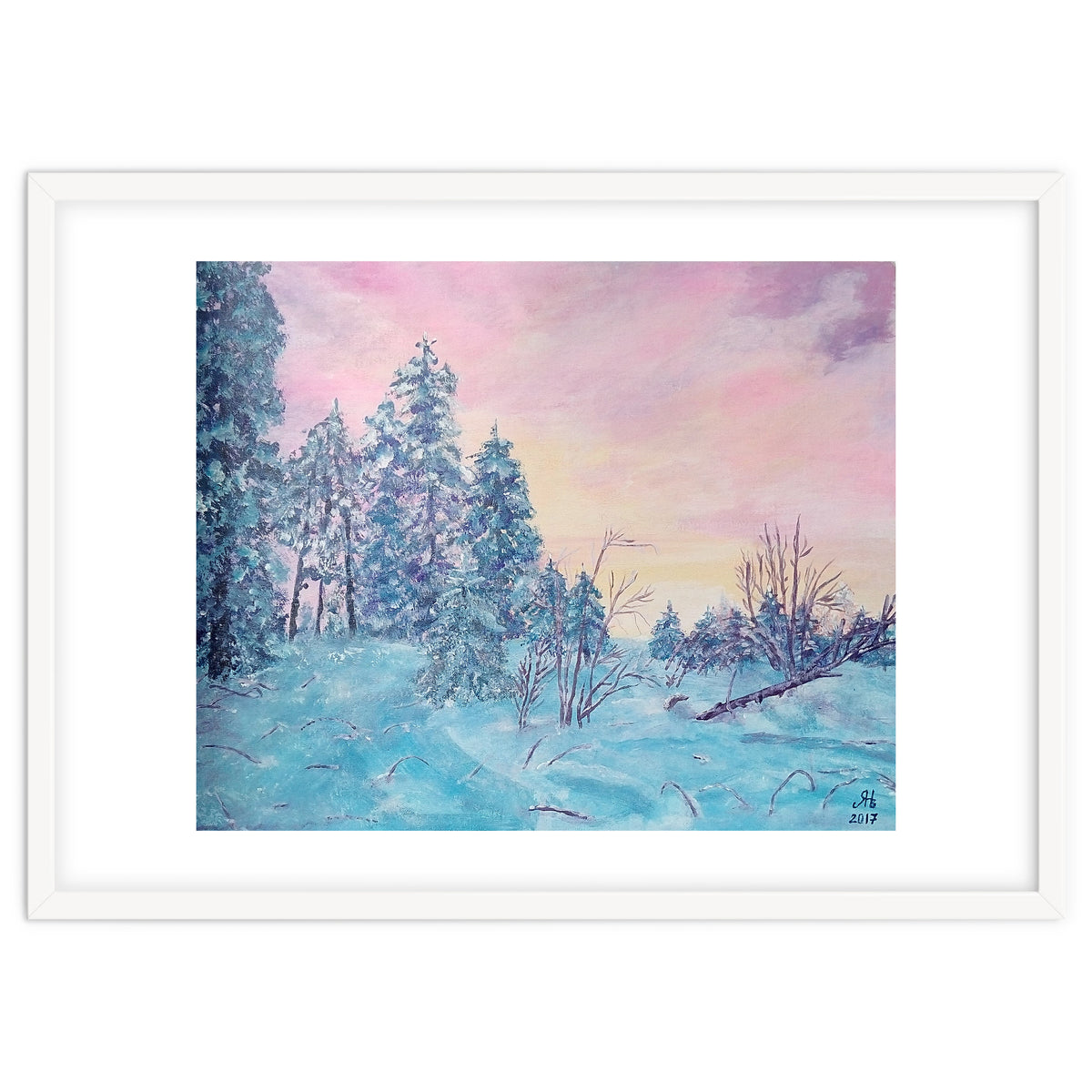 Pink sunrise in the winter forest