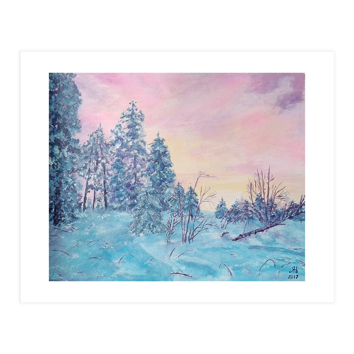 Pink sunrise in the winter forest (Print Only)
