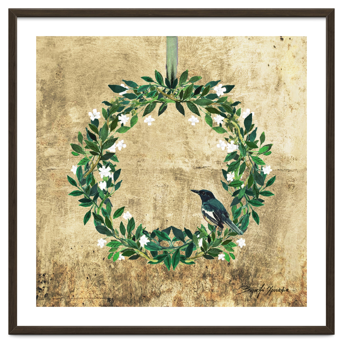 Wreath #White Flowers & Bird #Royal collection