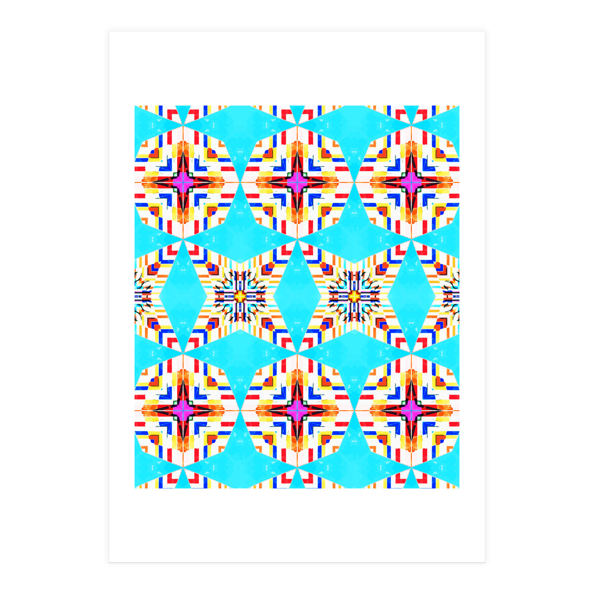 Exotic Tiles, Moroccan Teal Kaleidoscope Pattern, Turkish Bohemian Colorful Culture Eclectic Graphic (Print Only)