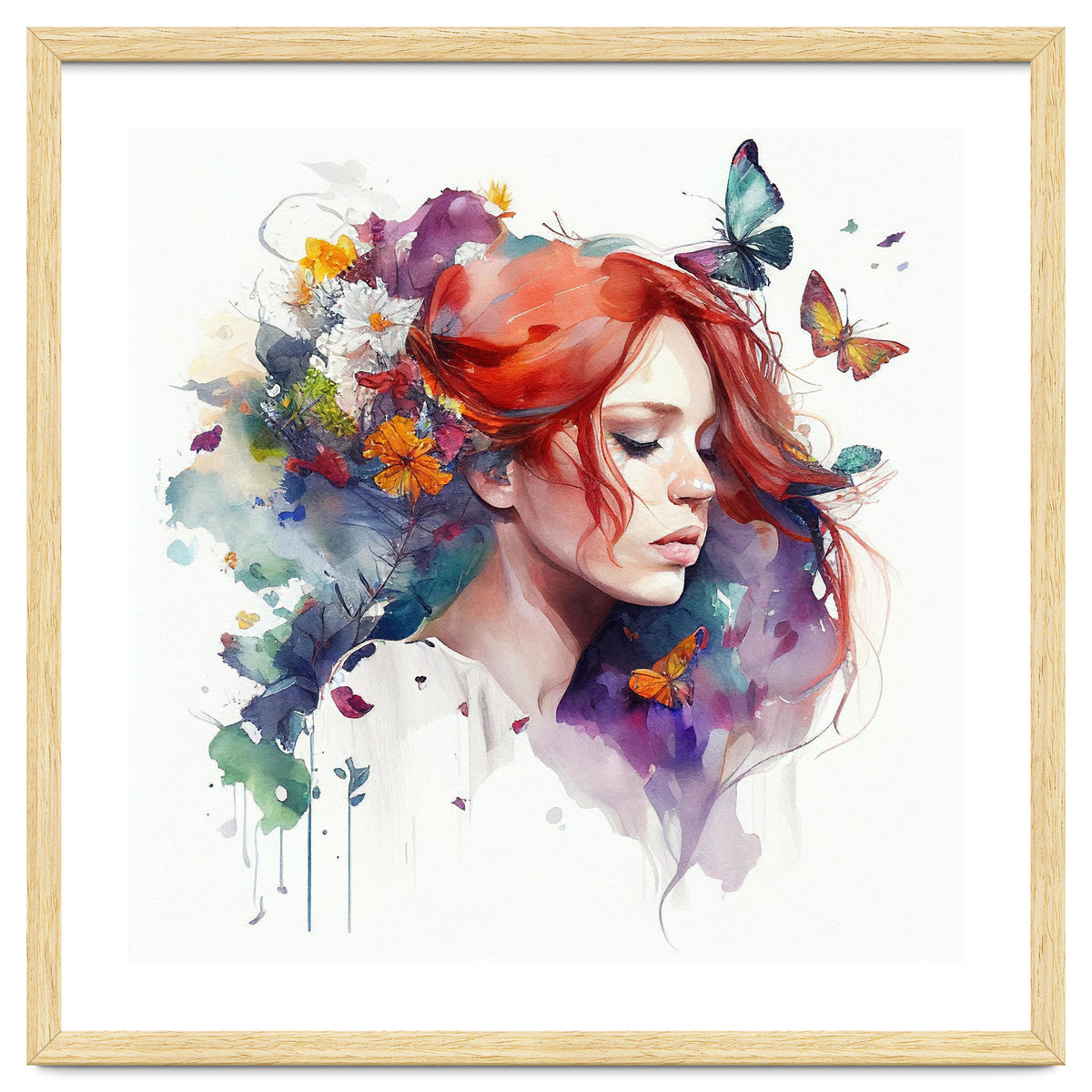 Watercolor Floral Red Hair Woman #1
