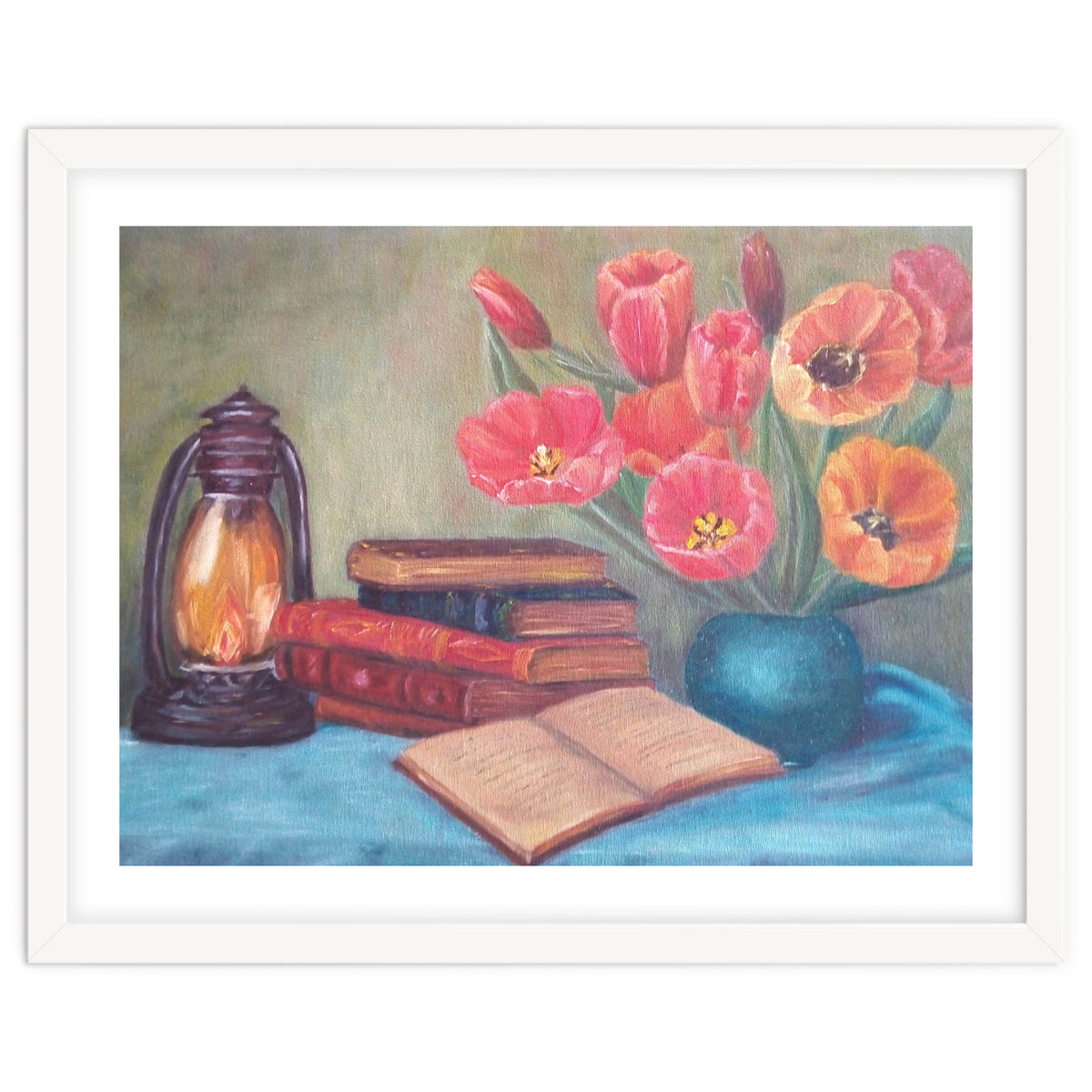 Still life with tulips, books and an old lamp.