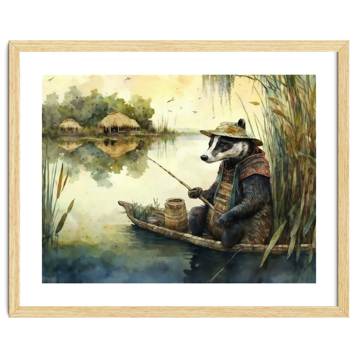 Badger Fishing Watercolor Painting