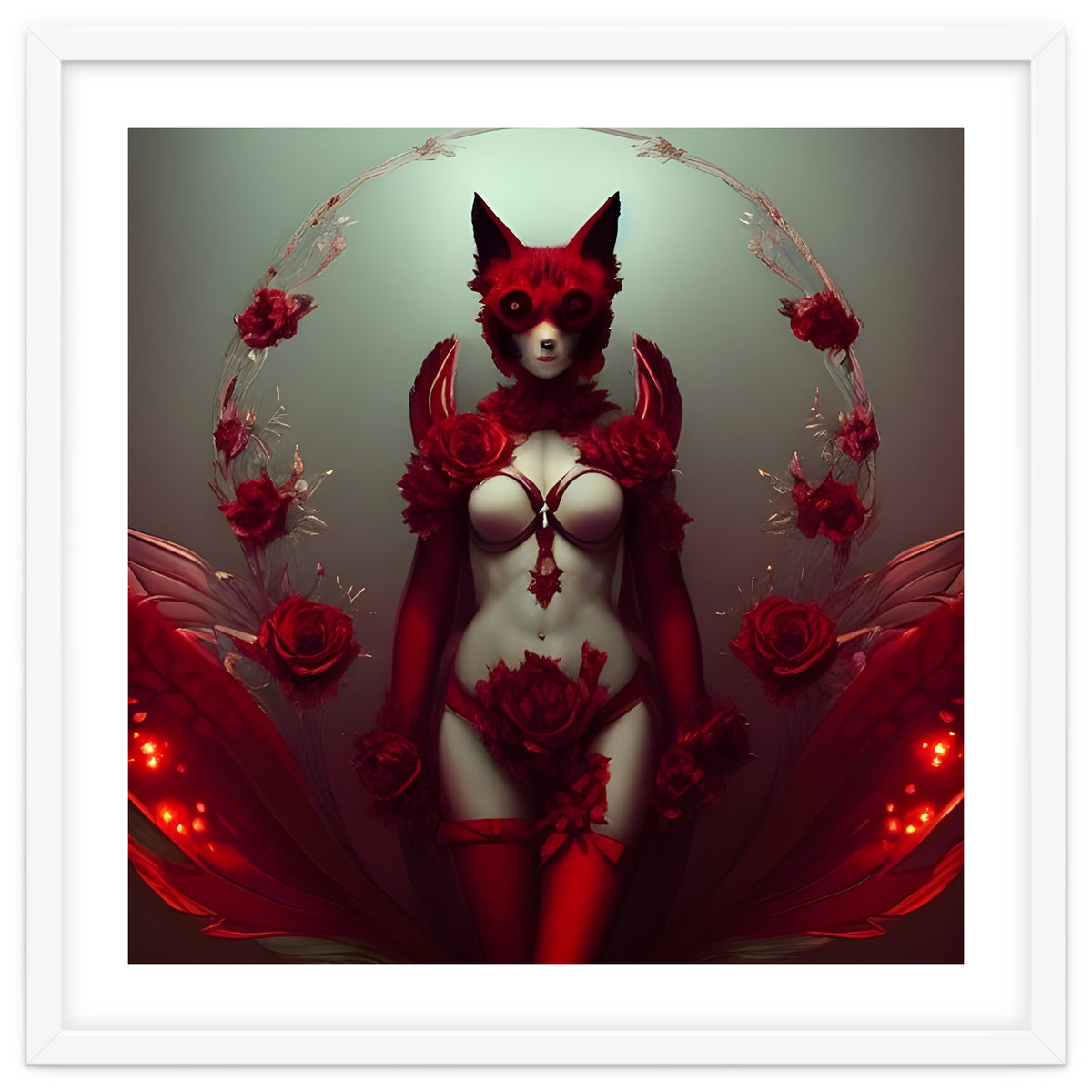 Red Floral Fox Vixen in Lingerie with Roses
