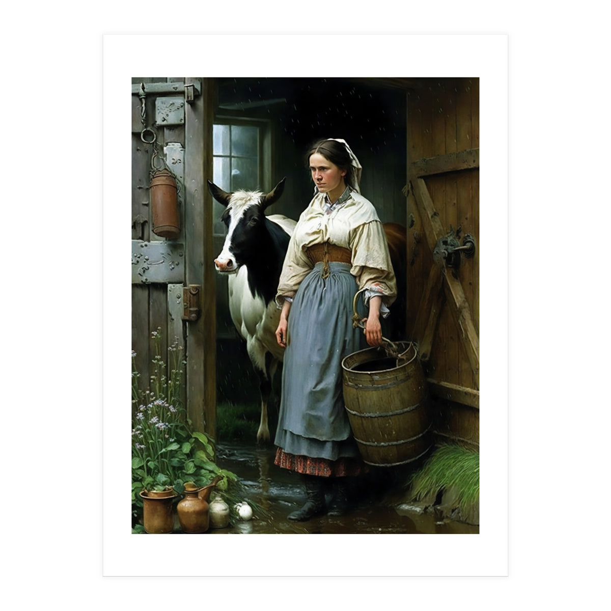 Farm Girl and Cow in Barn Oil Painting (Print Only)