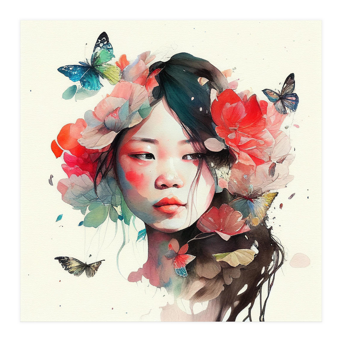 Watercolor Floral Asian Woman #8 (Print Only)