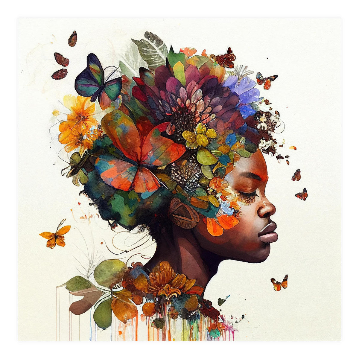 Watercolor Butterfly African Woman #5 (Print Only)