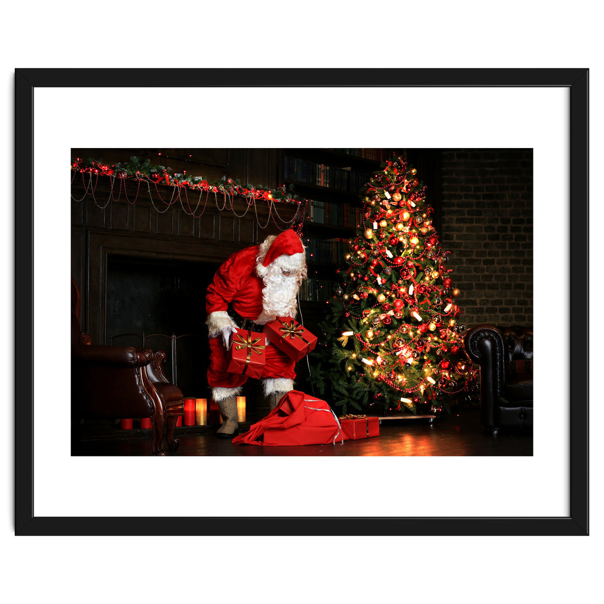 Santa Claus put his Christmas gift under the Xmas tree at midnight