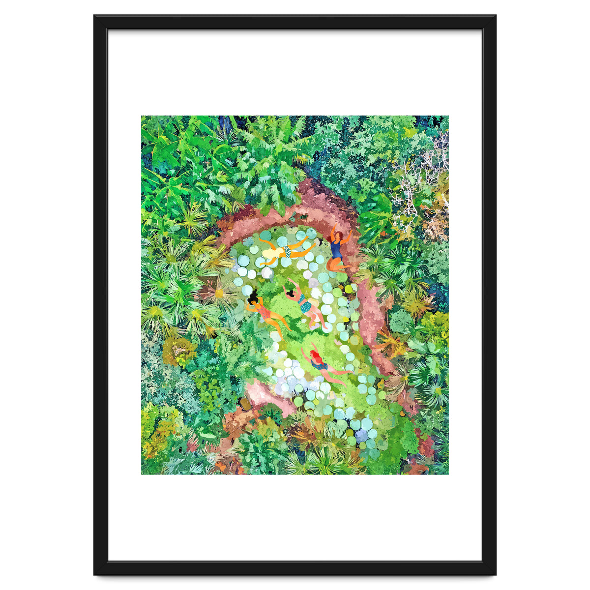 Tropical Vacay | Rainforest Jungle Botanical Lush Nature | Summer Lake People Swim | Boho Painting