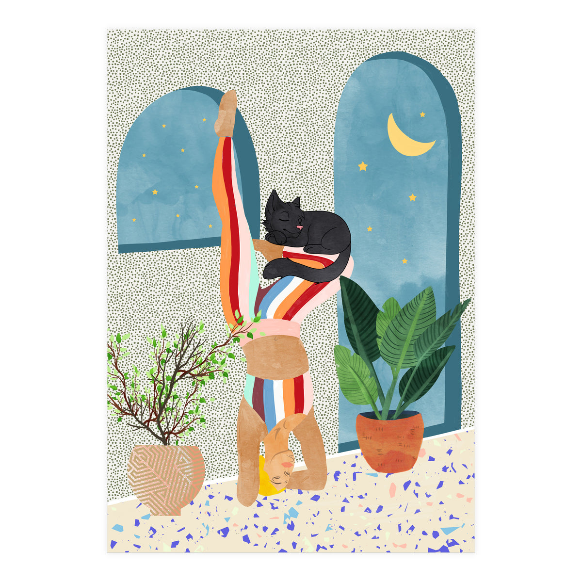 Headstand, Cat Yoga, Active Woman Workout, Eclectic Colorful Pets Terrazzo (Print Only)