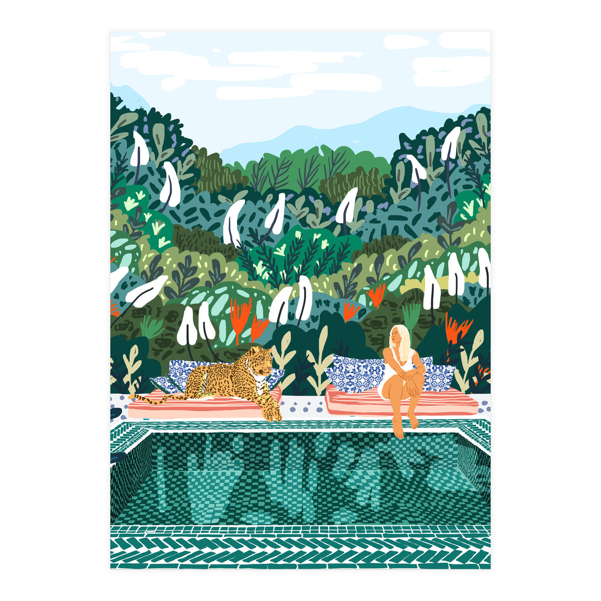 Chilling by the pool with my leopard Tropical Jungle Nature Wildlife Bohemian Morocco Travel (Print Only)
