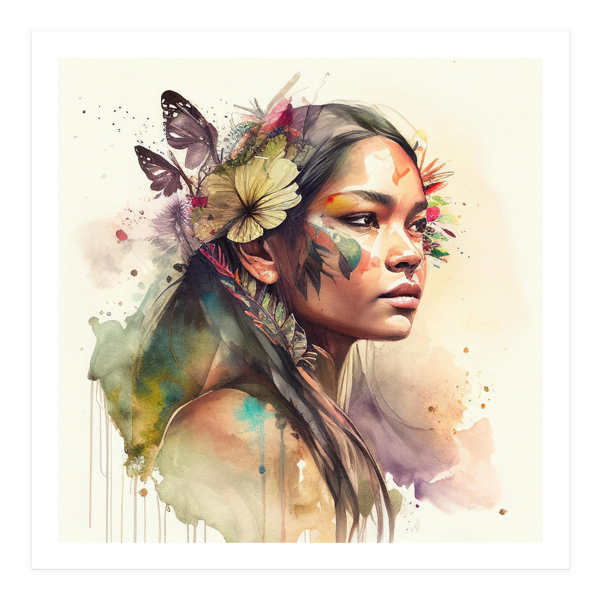 Watercolor Floral Indian Native Woman #2 (Print Only)