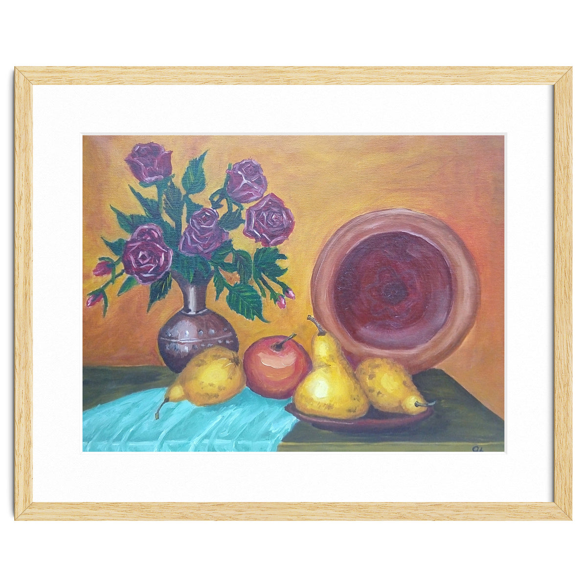 Still life with pears, roses and a dish.