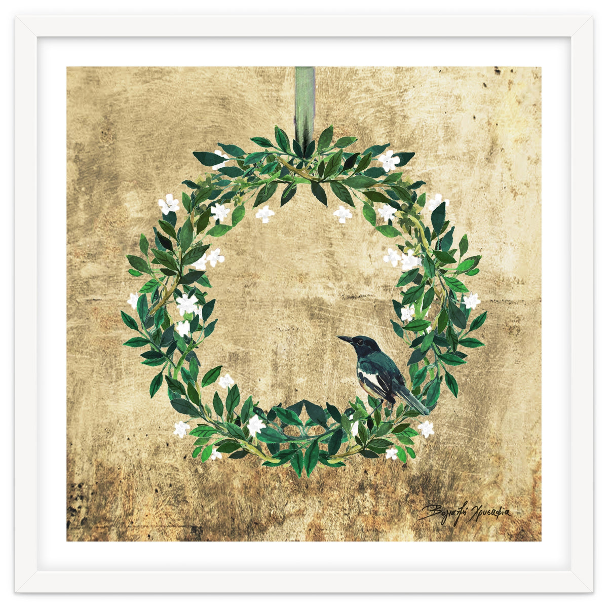 Wreath #White Flowers & Bird #Royal collection