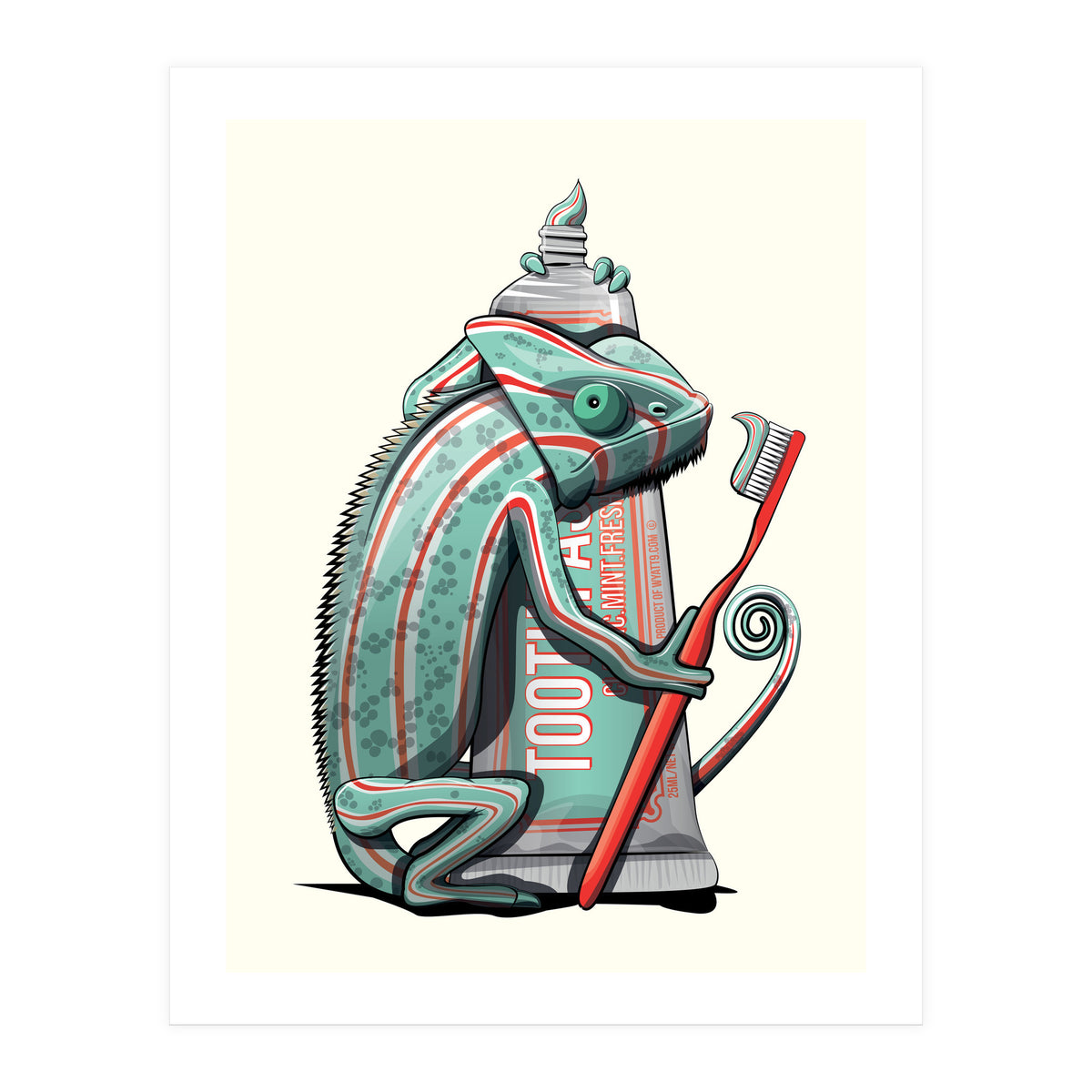 Chameleon Brushing Teeth, Funny Bathroom Humour (Print Only)