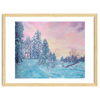 Pink sunrise in the winter forest