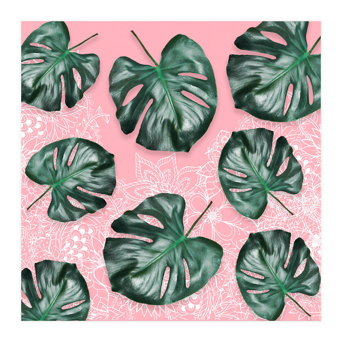Modern 3d green tropical monstera leaf photo on blush pink white floral illustration (Print Only)
