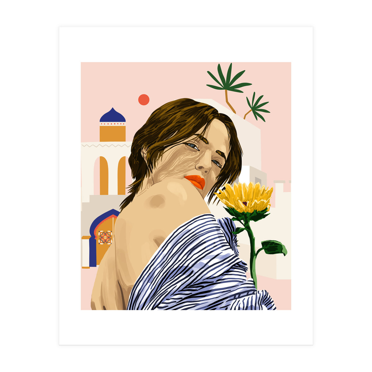 I Travel, I Become | Morocco Architecture Illustration, Bohemian Woman Tropical Sunflower Boho Palm  (Print Only)