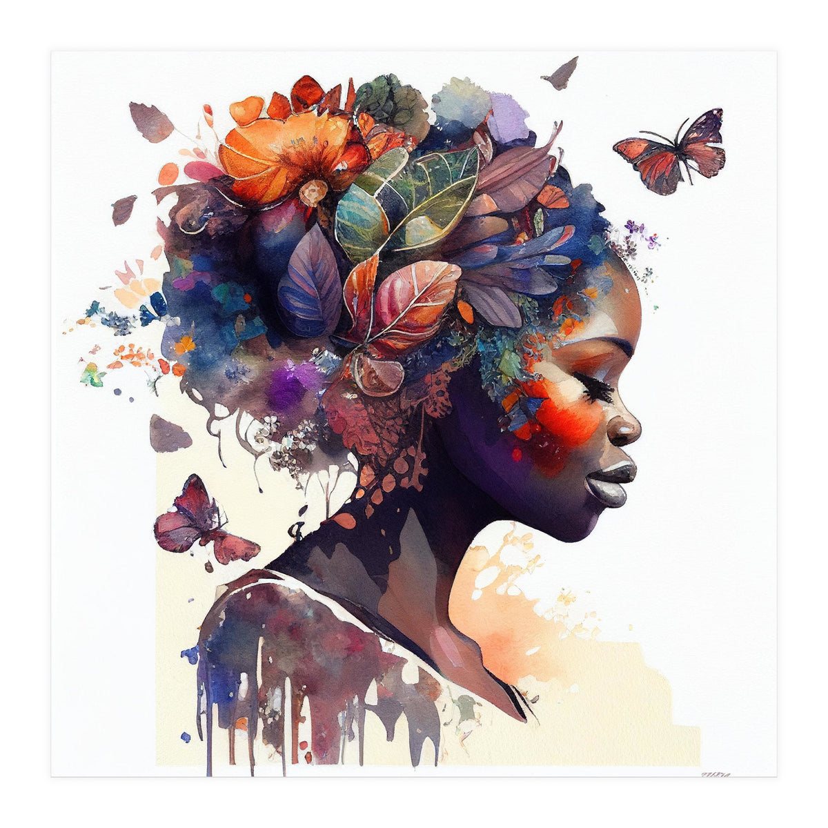 Watercolor Butterfly African Woman #9 (Print Only)