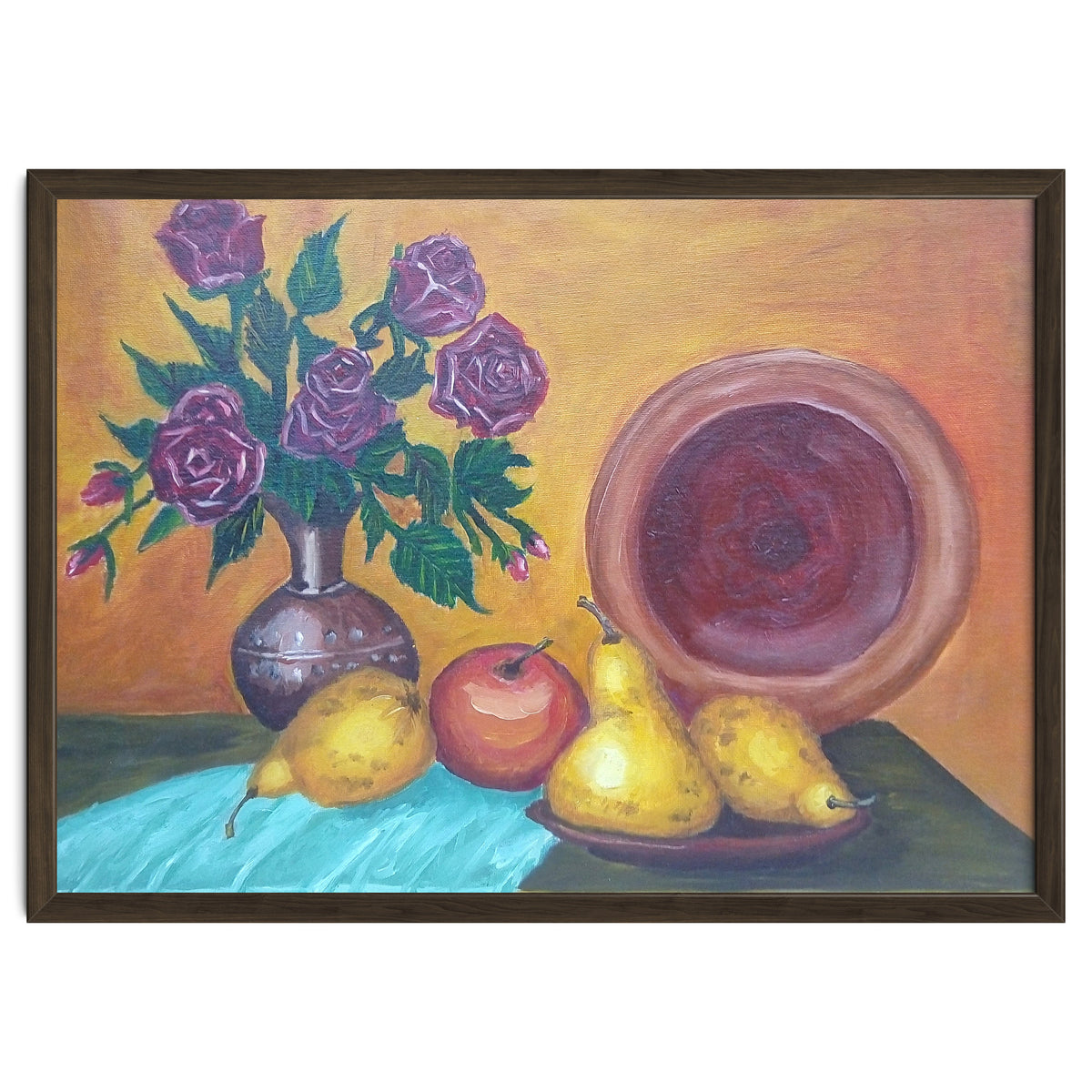 Still life with pears, roses and a dish.