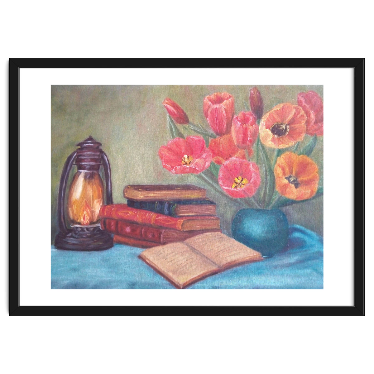 Still life with tulips, books and an old lamp.