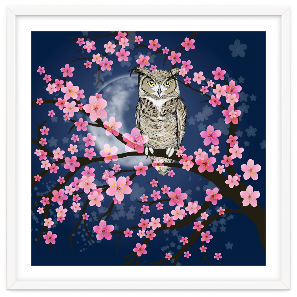 Great horned owl in a blossom tree