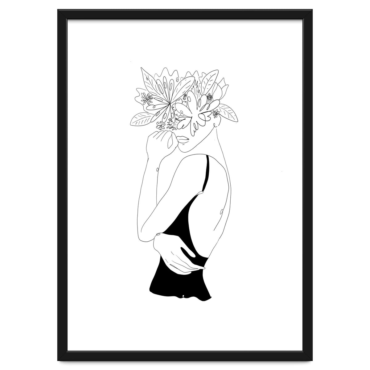 Line Drawing Girl with Flowers