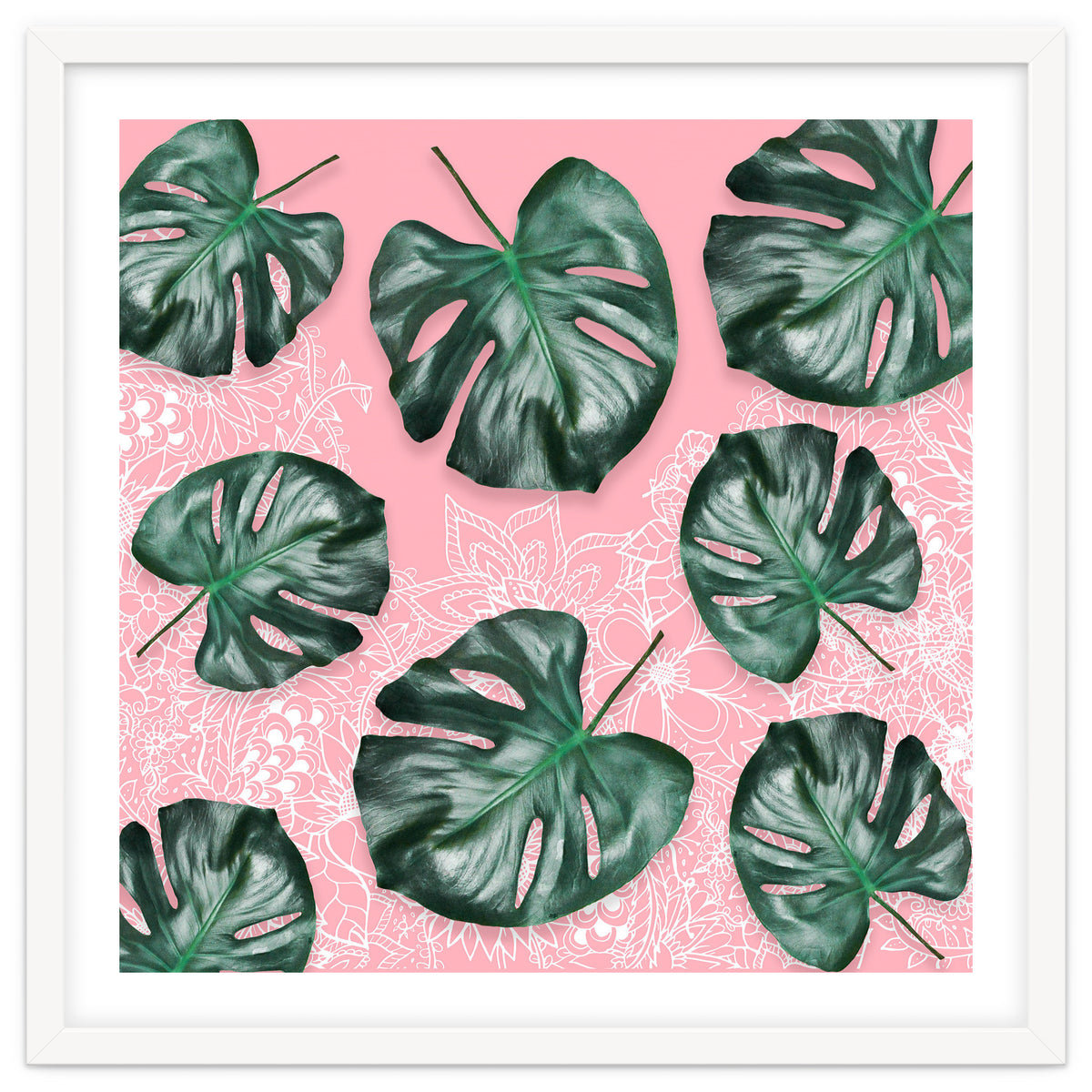 Modern 3d green tropical monstera leaf photo on blush pink white floral illustration