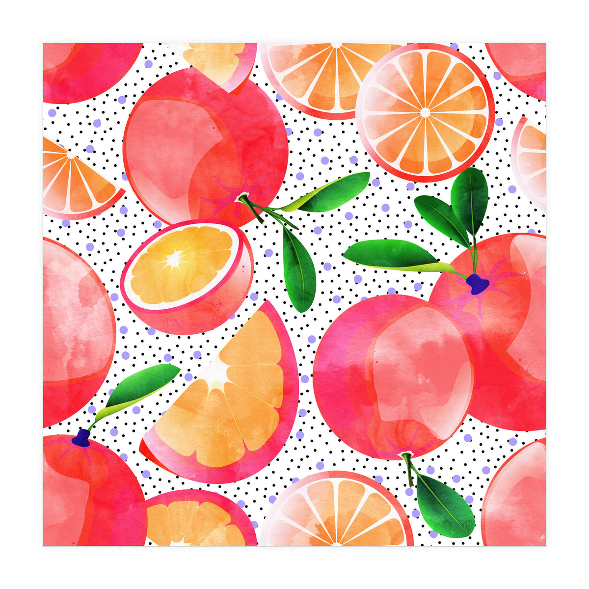 Citrus Tropical | Juicy Fruits Polka Dots | Food Orange Grapefruit Pink Watercolor Botanica (Print Only)