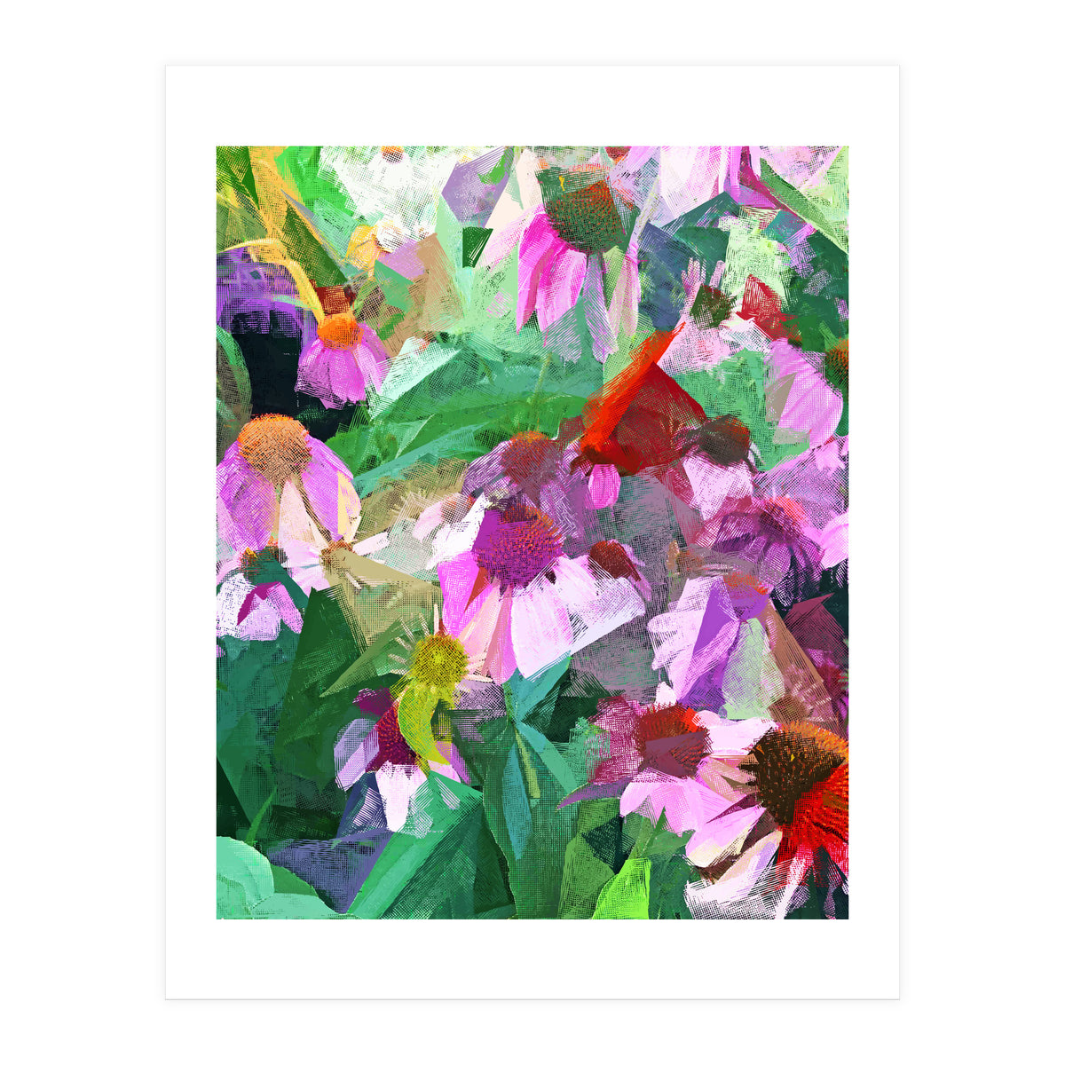The Memory of Spring, Crosshatch Botanical Floral Painting, Plants Garden Meadow, Flowers Nature Digital Illustration (Print Only)