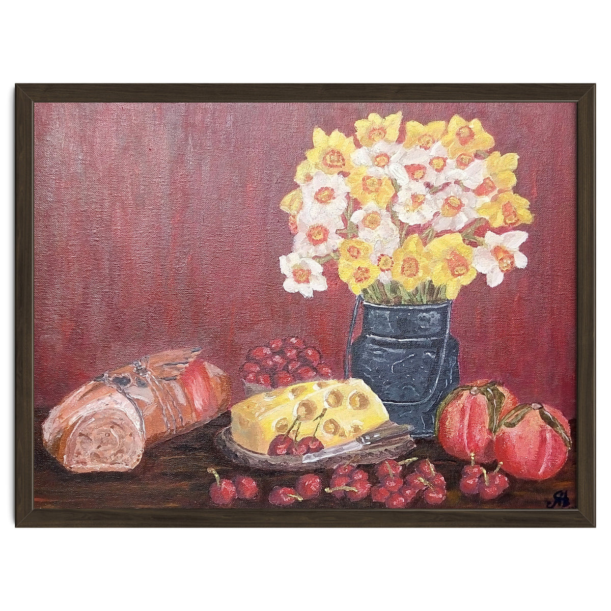 Still life with cheese, daffodils on a red background.