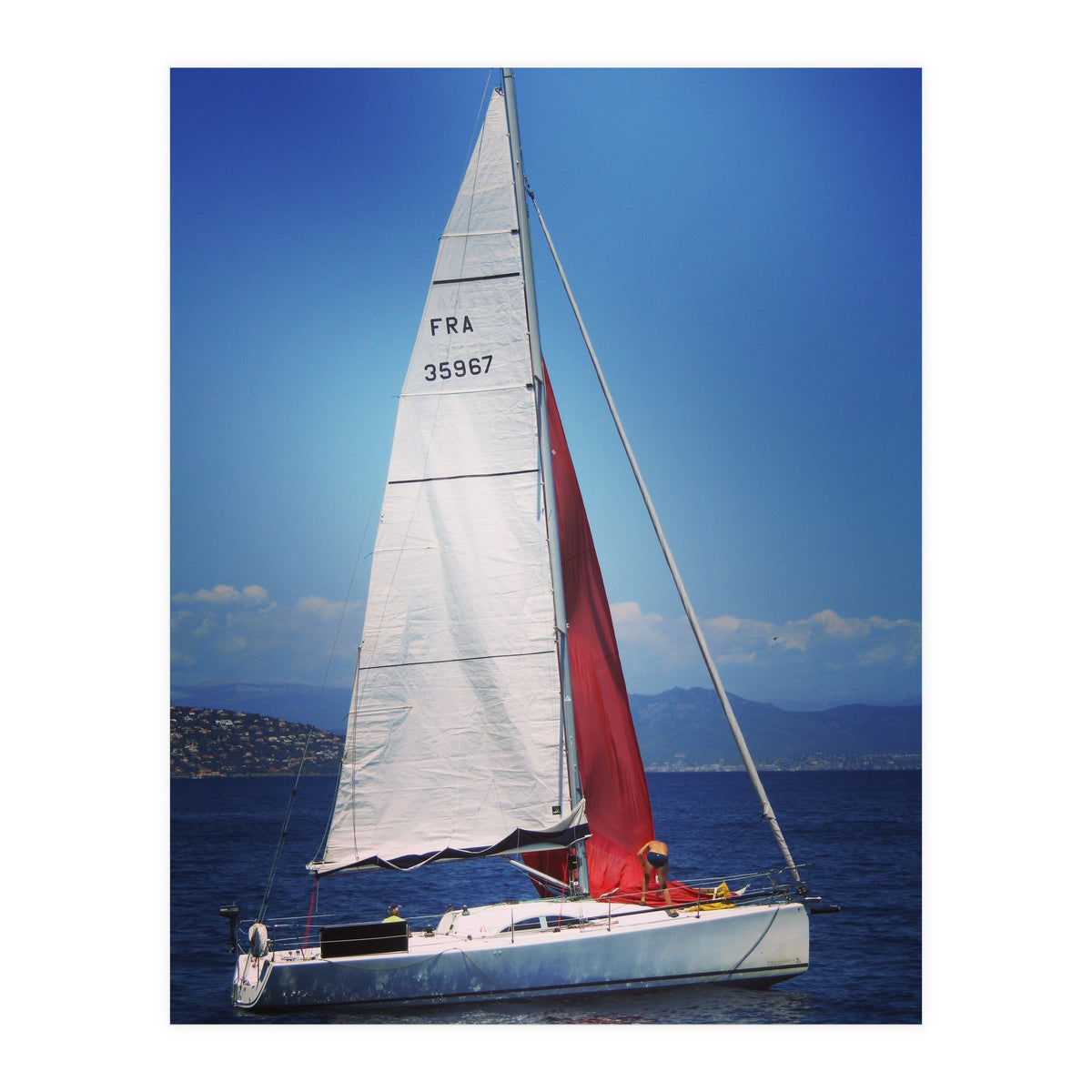 Sailing yacht with white and red sails (Print Only)