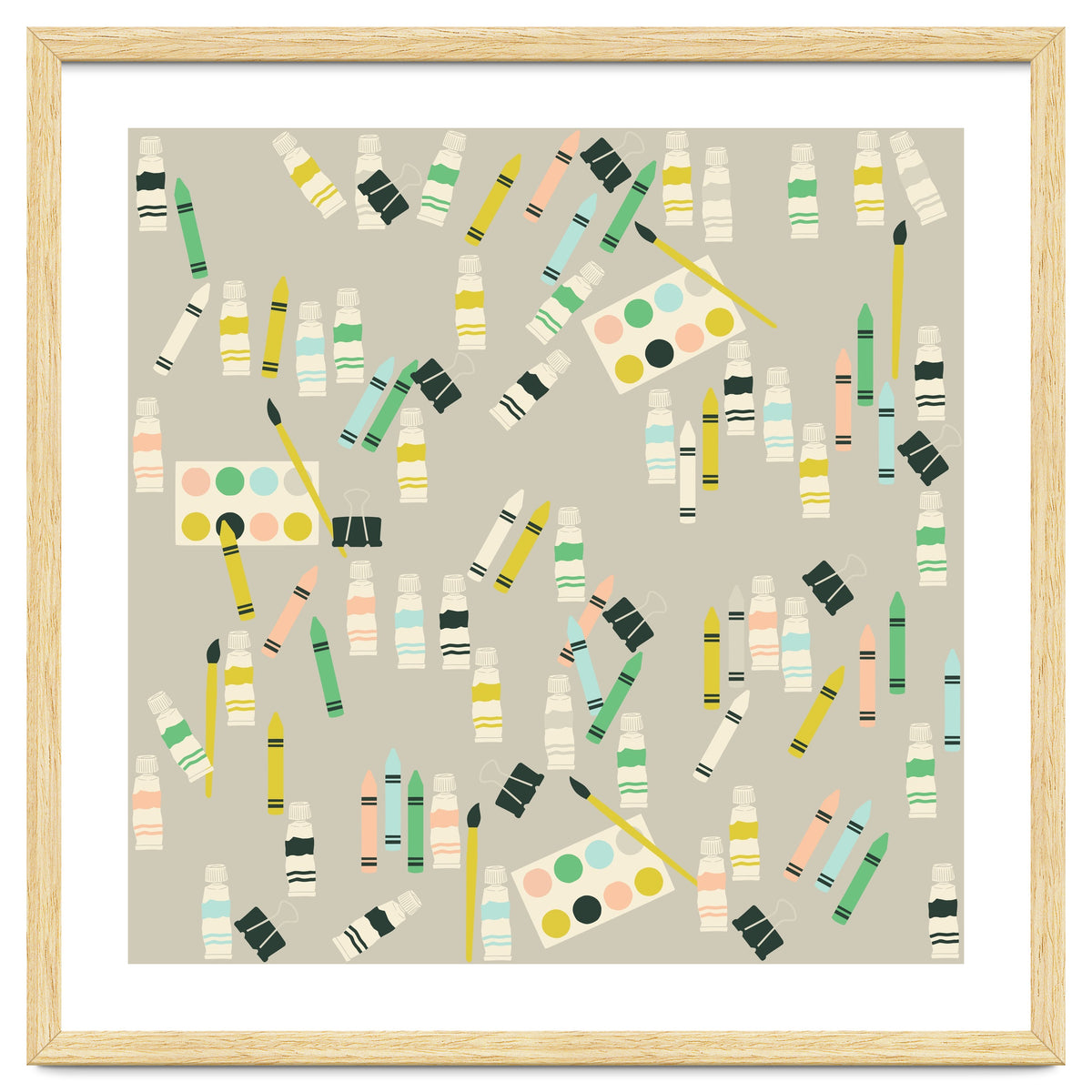 Artist pattern with crayons, watercolors and acrylic paint