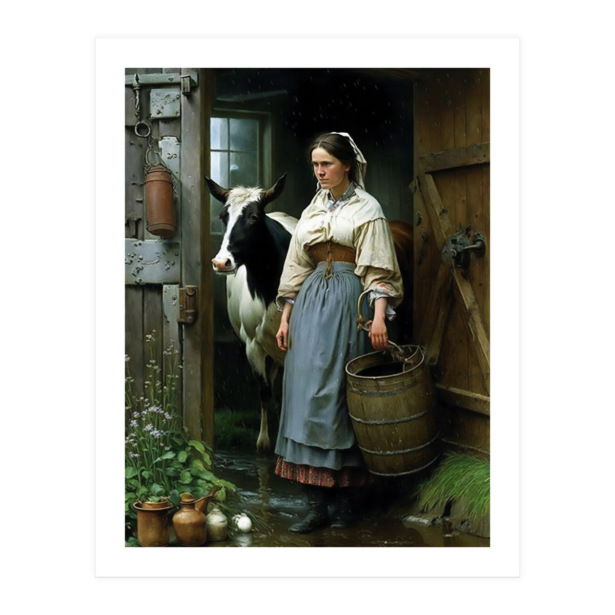 Farm Girl and Cow in Barn Oil Painting (Print Only)