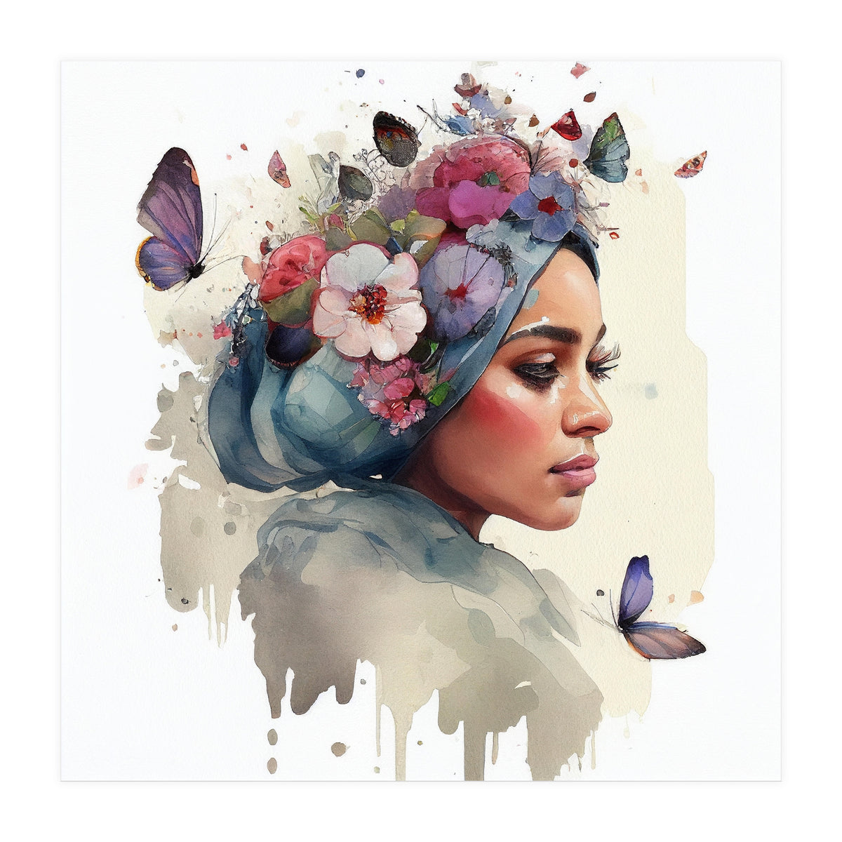 Watercolor Floral Muslim Woman #1 (Print Only)