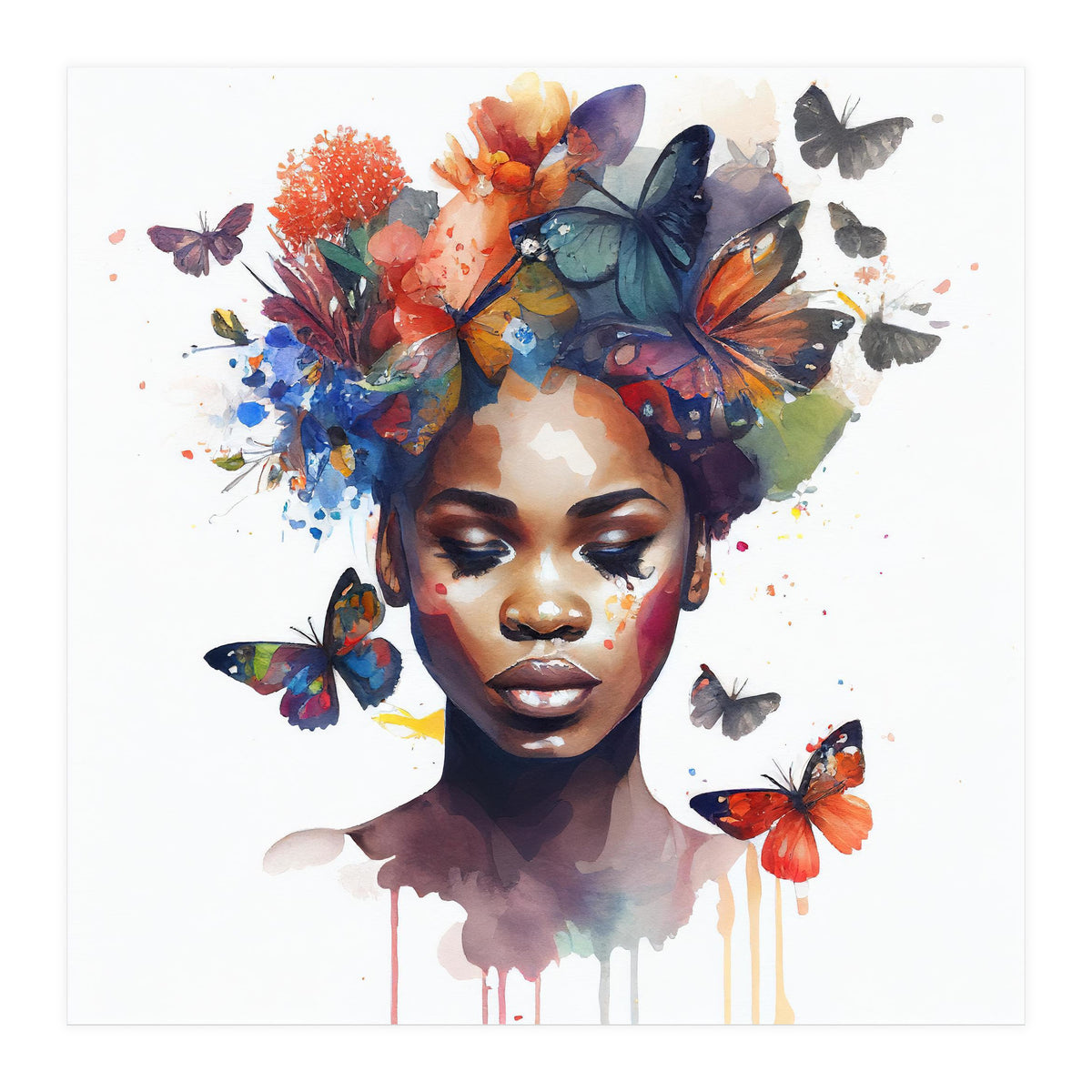 Watercolor Butterfly African Woman #4 (Print Only)