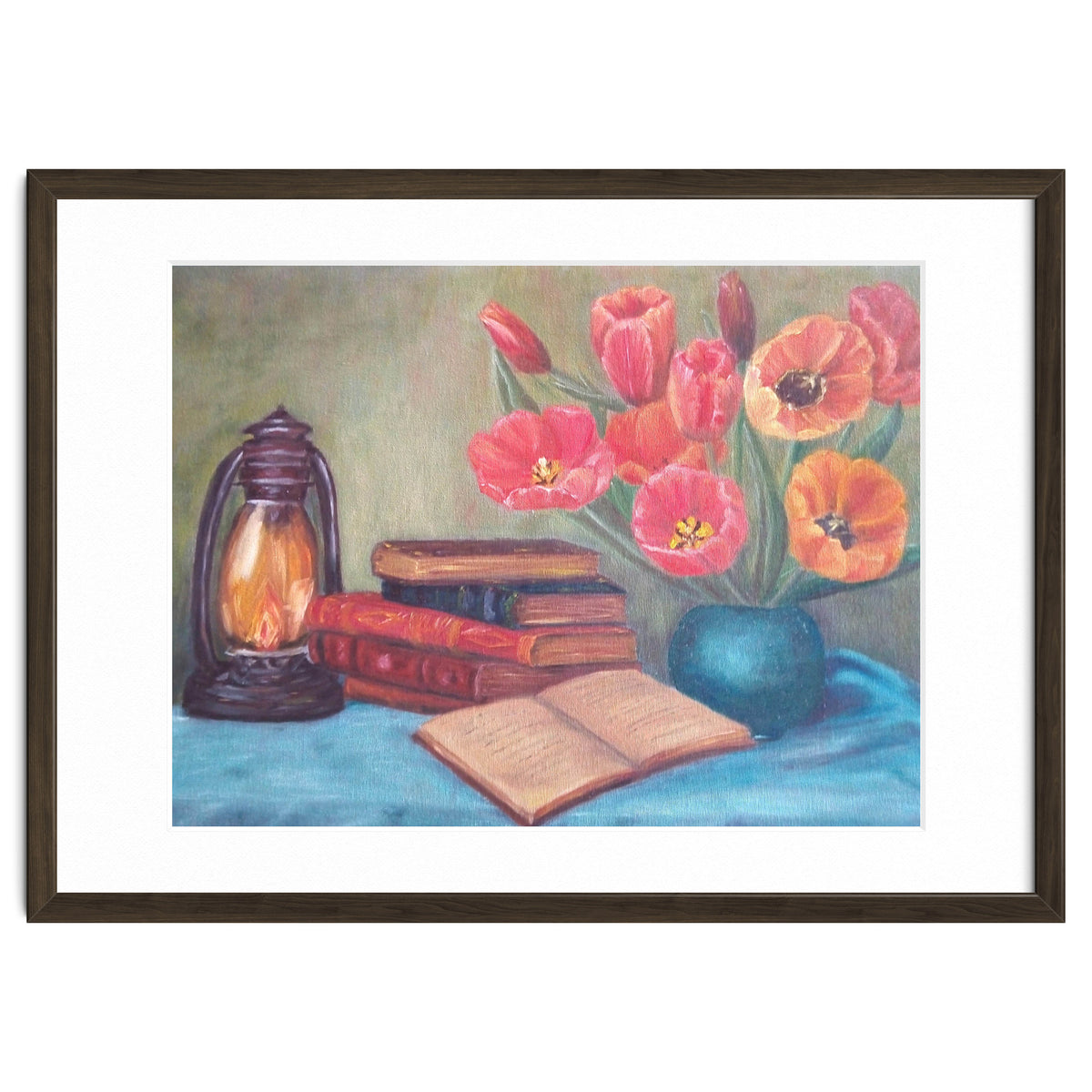 Still life with tulips, books and an old lamp.