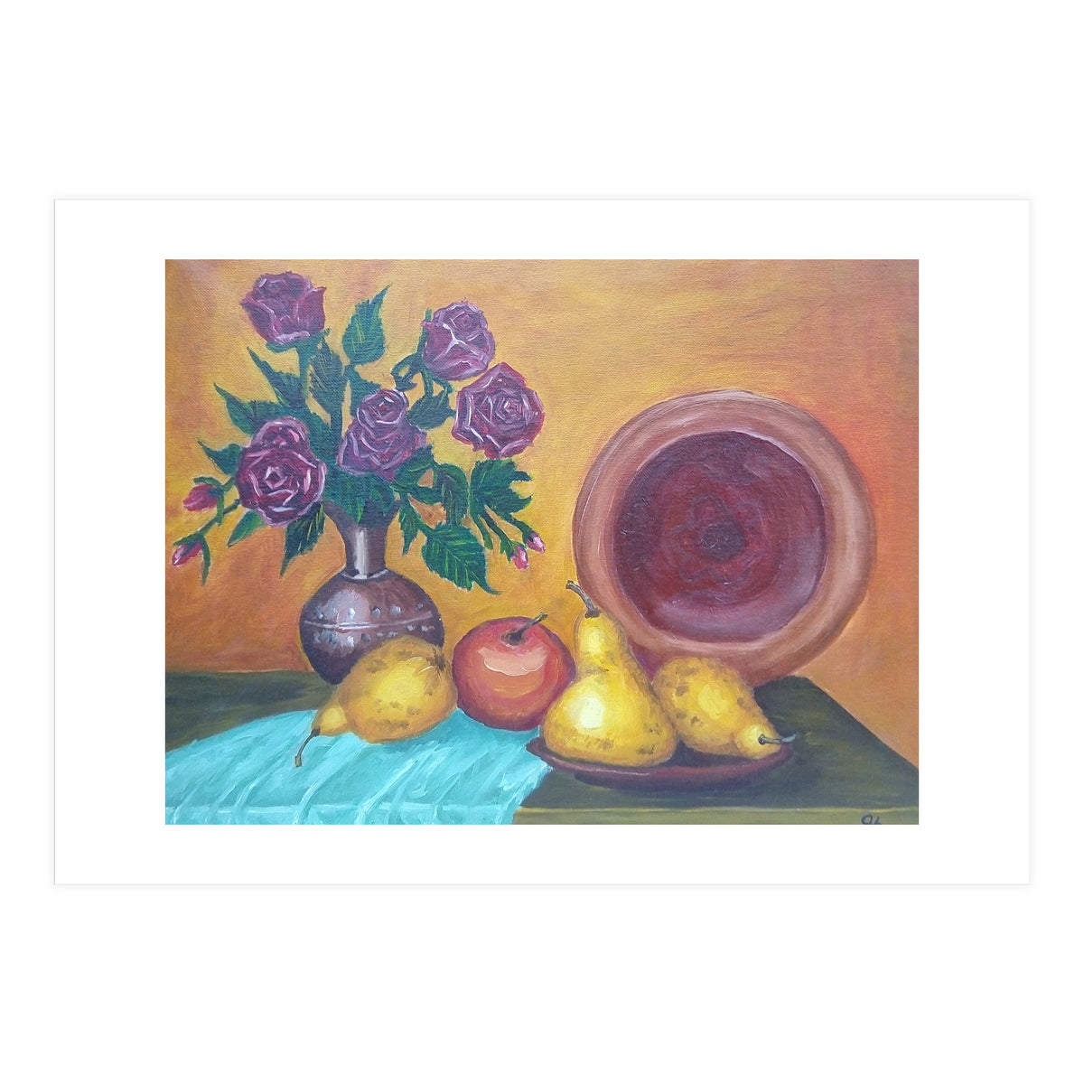 Still life with pears, roses and a dish. (Print Only)
