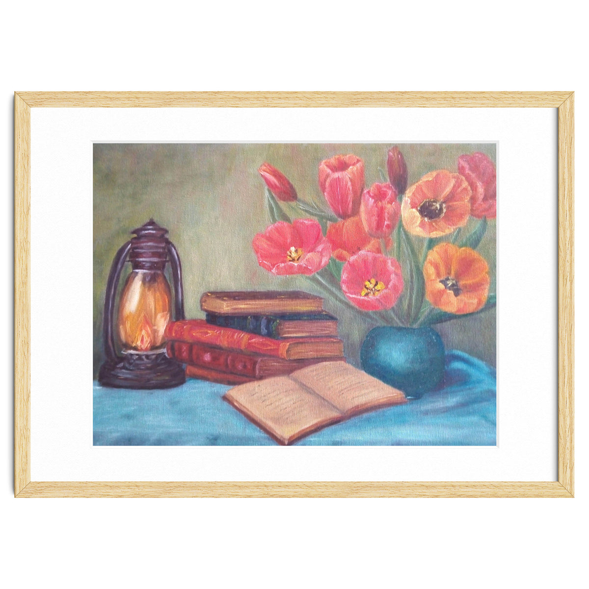 Still life with tulips, books and an old lamp.